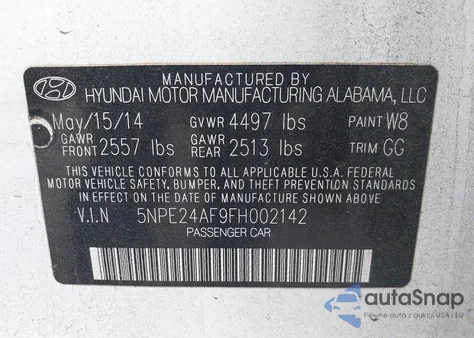 2015 Hyundai Sonata Se z USA, uszkodzony, nr VIN 5NPE24AF9FH002142